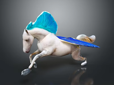 Fantasy Game Movie Character White Horse With Blue Wings And Mane Running 3d model