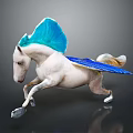 Fantasy Game Movie Character White Horse With Blue Wings And Mane Running