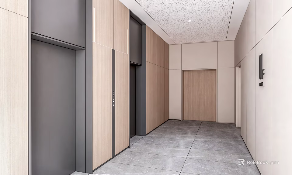 Modern Elevator Hallway With Wooden Panel Walls And Gray Tile Flooring 3d model