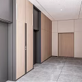 Modern Elevator Hallway With Wooden Panel Walls And Gray Tile Flooring 3d model