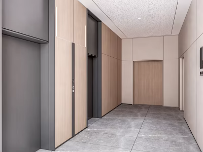 Modern Elevator Hallway With Wooden Panel Walls And Gray Tile Flooring 3d model