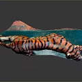 Orange Black Striped Tiger Sculpture In Standing Pose With White Face Belly And Blue Base