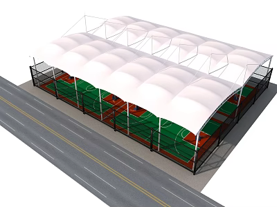 Outdoor Basketball Court Facility With White Membrane Roof Black Fencing And Green Playing Surface 3d model