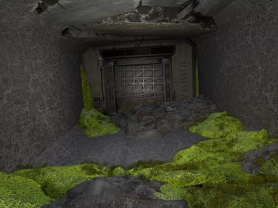 Abandoned Bunker Interior With Rusty Iron Door Green Moss And Rubble 3d model