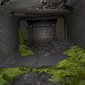 Abandoned Bunker Interior With Rusty Iron Door Green Moss And Rubble