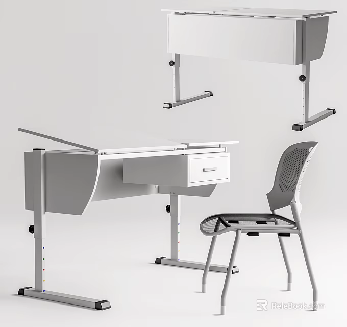 Simple Modern Office Desk With Drawer And Ergonomic Chair Design 3d model 