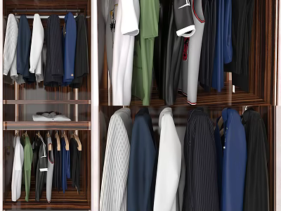 Wooden Wardrobe Interior With Hanging Shirts Jackets Pants And Organized Shelves 3d model