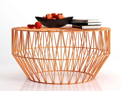 Round Orange Metal Wire Coffee Table With Geometric Design Black Bowl Red Fruits And Books 3d model