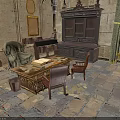 Antique Study Interior With Wooden Desk Open Book Scattered Papers Stone Walls And Bookcase