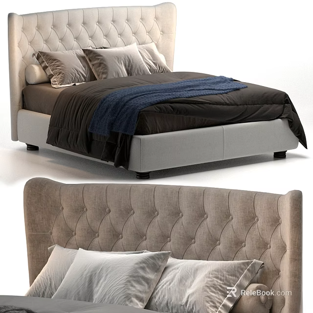 Double Bed with Tufted Beige Headboard Dark Bedding and Blue Throw Blanket 3d model