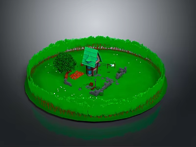 Miniature Furniture Set With Small House Green Fence Tree Red Logs And Stones 3d model