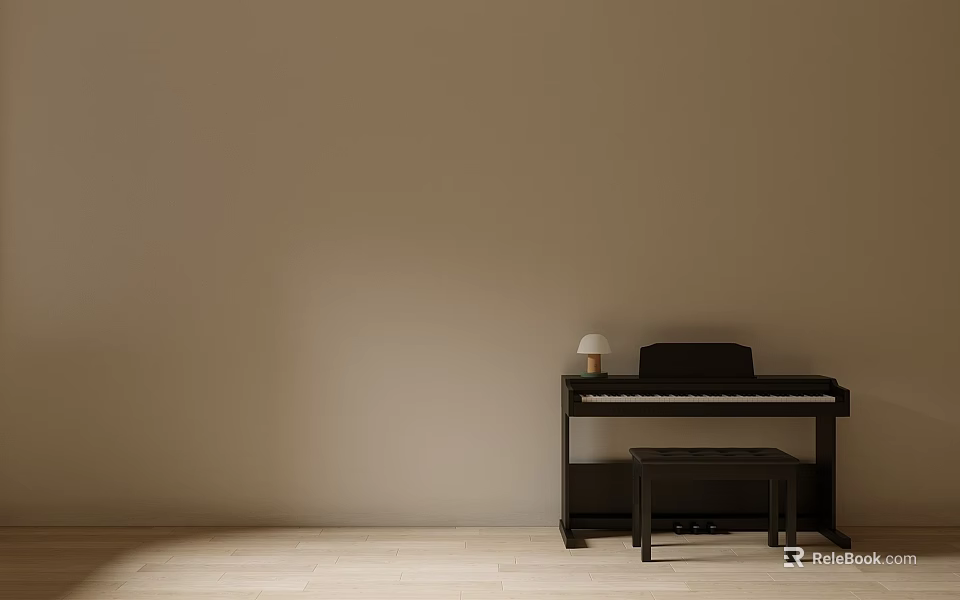 Beige Wall Light Wood Floor Room With Electronic Piano Art Supplies Table Lamp And Bench 3d model 