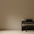 Beige Wall Light Wood Floor Room With Electronic Piano Art Supplies Table Lamp And Bench