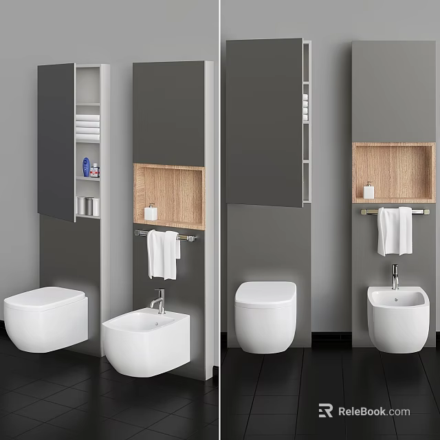 Modern Bathroom Interior With Wall Mounted Washbasin Wooden Shelf And Towel Rail 3d model 