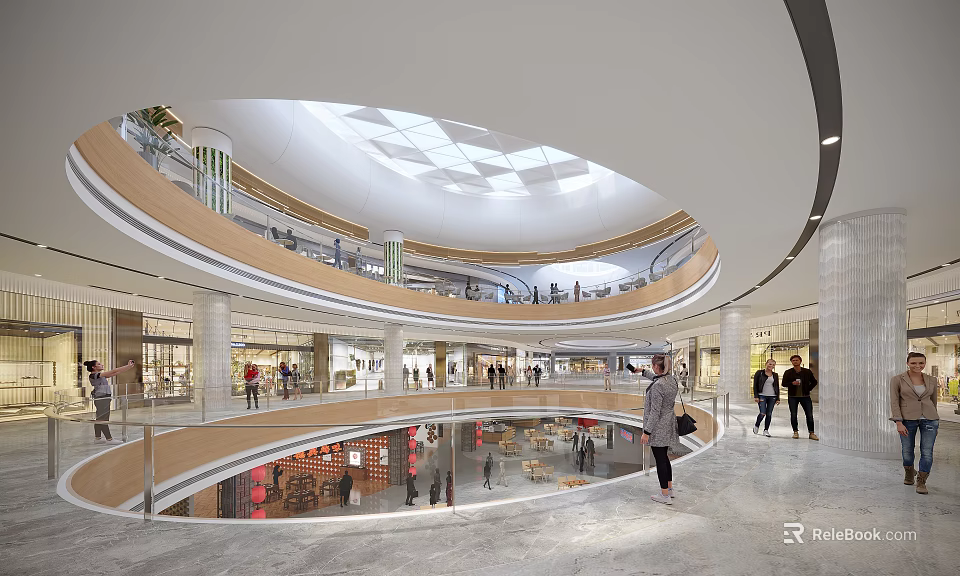 Spacious Shopping Mall Atrium With Glass Dome Ceiling And Multi Level Escalators 3d model 