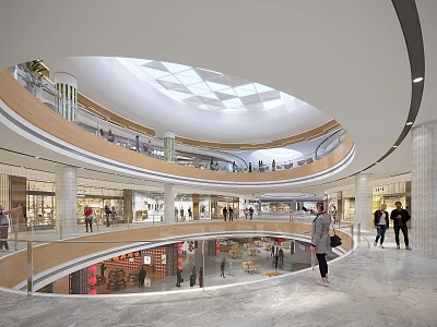 Spacious Shopping Mall Atrium With Glass Dome Ceiling And Multi Level Escalators 3d model