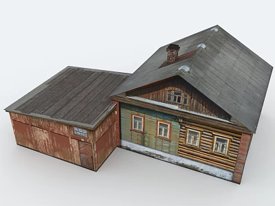 Rustic Wooden House With Red Annex Gray Roof Chimney And Windows 3d model