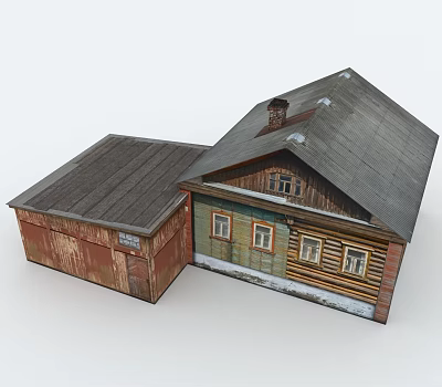 Rustic Wooden House With Red Annex Gray Roof Chimney And Windows 3d model
