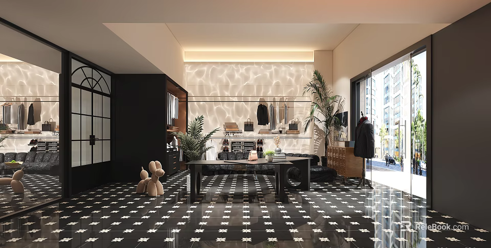 Modern Clothing Store Interior With Fashion Apparel Racks Decorative Plants And Patterned Tiles 3d model 