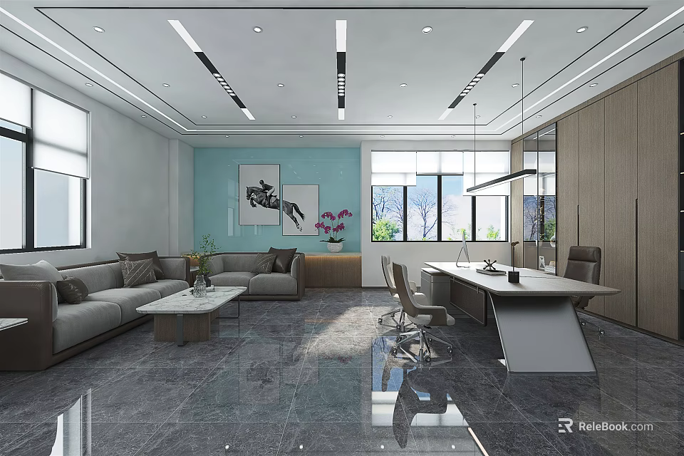 Spacious Modern Office Interior With Comfortable Sofa Desk Large Windows And Artwork 3d model