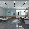 Spacious Modern Office Interior With Comfortable Sofa Desk Large Windows And Artwork 3d model