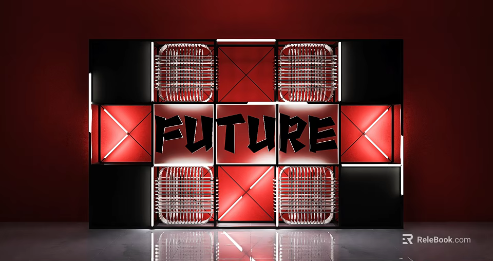 Future Themed Display With Red Black Geometric Grid Design Elements 3d model 