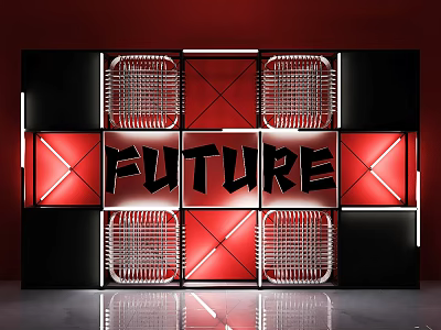 Future Themed Display With Red Black Geometric Grid Design Elements 3d model