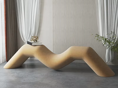 Curved Beige Upholstered Ottoman With Books Decorative Items And Green Plant In Modern Interior 3d model