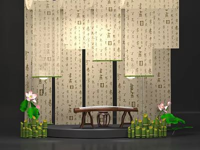 Traditional Chinese Interior Featuring Guzheng Lotus Flowers Bamboo and Calligraphy Scrolls 3d model