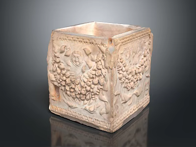 Intricately Carved Square Decorative Sculpture Featuring Floral And Fruit Patterns Art 3d model