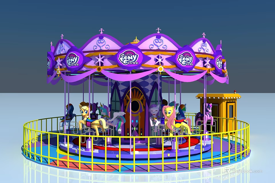 Colorful Purple And Yellow Carousel With Decorative Top And Horse Seats For Amusement Park Playground 3d model 