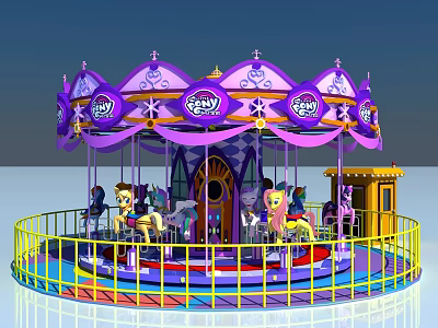Colorful Purple And Yellow Carousel With Decorative Top And Horse Seats For Amusement Park Playground 3d model