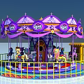 Colorful Purple And Yellow Carousel With Decorative Top And Horse Seats For Amusement Park Playground
