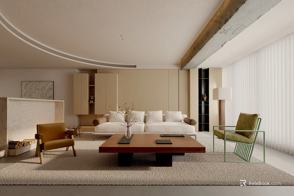 Modern Living Room Interior With White Sofa Coffee Table Accent Chairs And Curtains 3d model 