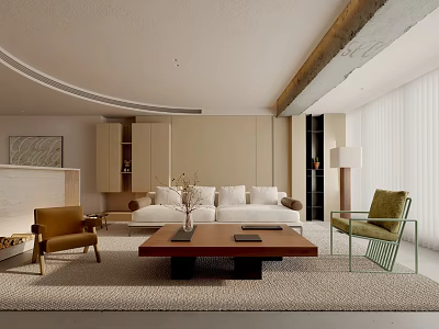 Modern Living Room Interior With White Sofa Coffee Table Accent Chairs And Curtains 3d model