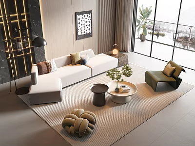 Modern Sofa Coffee Table Set With Throw Pillows Area Rug Potted Plant And Window View 3d model