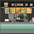 Handmade Fried Chicken Burger Fast Food Mall Shop With Menu Board And Counter Service