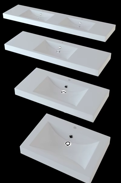Three Modern Minimalist White Rectangular Countertop Washbasins with Sleek Design for Bathroom 3d model