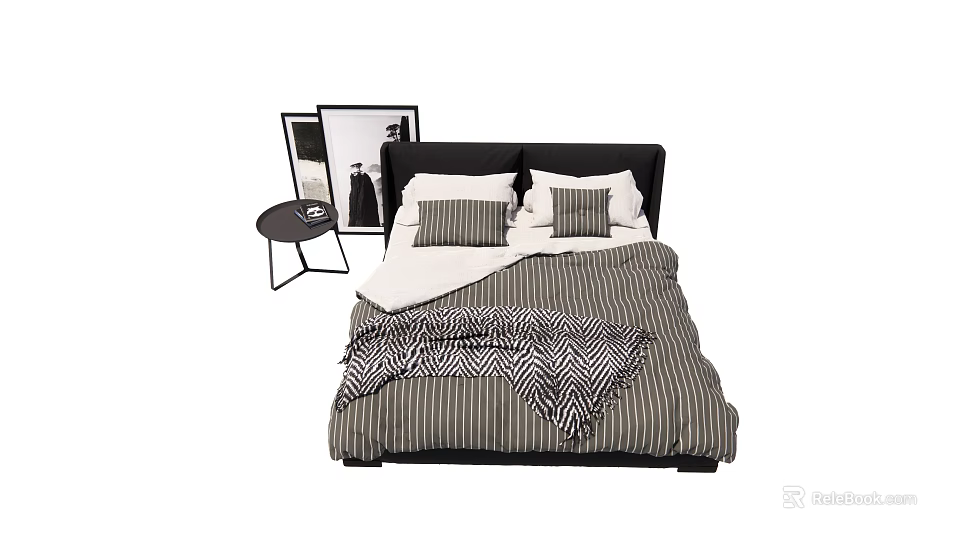Modern Double Bed with Black Headboard Striped Bedspread Pillows Side Table and Wall Art 3d model