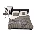 Modern Double Bed with Black Headboard Striped Bedspread Pillows Side Table and Wall Art 3d model