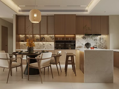 Modern Open Restaurant Kitchen With Dining Table Chairs Hanging Lamp Wooden Cabinets And Marble Countertop 3d model