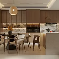 Modern Open Restaurant Kitchen With Dining Table Chairs Hanging Lamp Wooden Cabinets And Marble Countertop