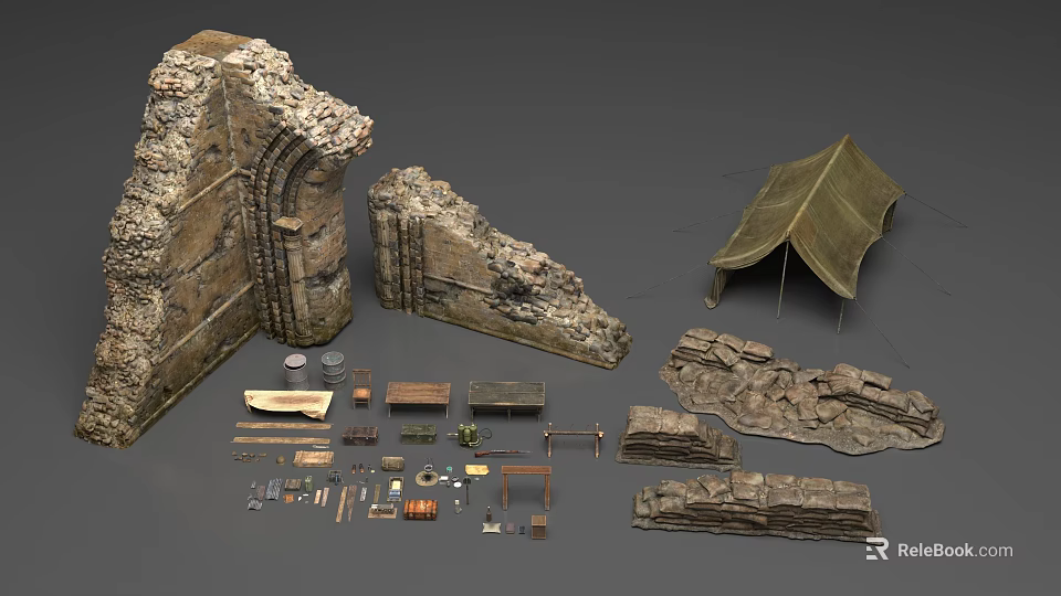 Medieval Weapons Collection Featuring Stone Walls Green Tent And Wooden Tools 3d model