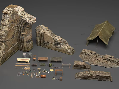 Medieval Weapons Collection Featuring Stone Walls Green Tent And Wooden Tools 3d model
