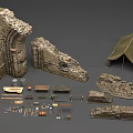Medieval Weapons Collection Featuring Stone Walls Green Tent And Wooden Tools 3d model