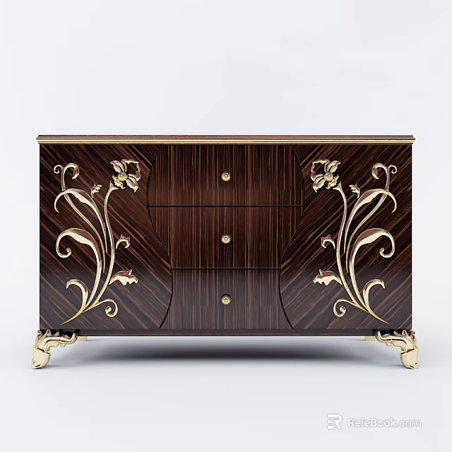 Elegant Dark Wood Sideboard With Gold Ornate Carvings Drawers And Legs 3d model 