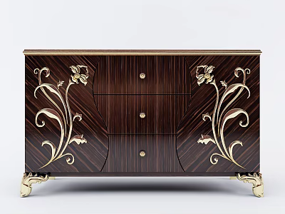 Elegant Dark Wood Sideboard With Gold Ornate Carvings Drawers And Legs 3d model