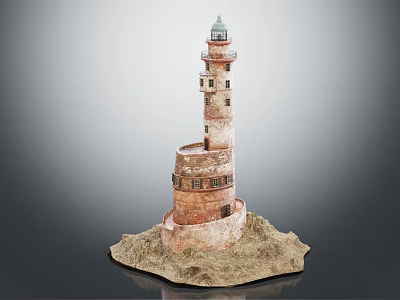 Historic Lighthouse Tower with Spiral Structure Green Top and Rocky Base Model 3d model
