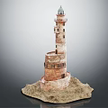 Historic Lighthouse Tower with Spiral Structure Green Top and Rocky Base Model 3d model