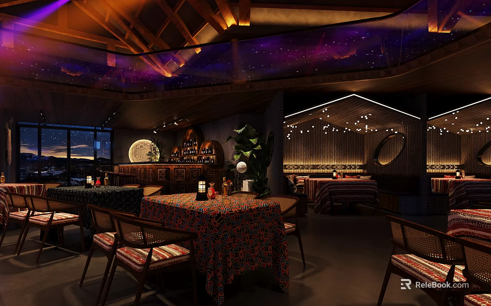Starry Ceiling Bar Interior Design With Wooden Decor Dining Tables And String Lights 3d model